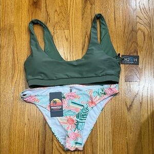 H2OH Olive Green Bikini Top with Coral Floral Print Bottoms